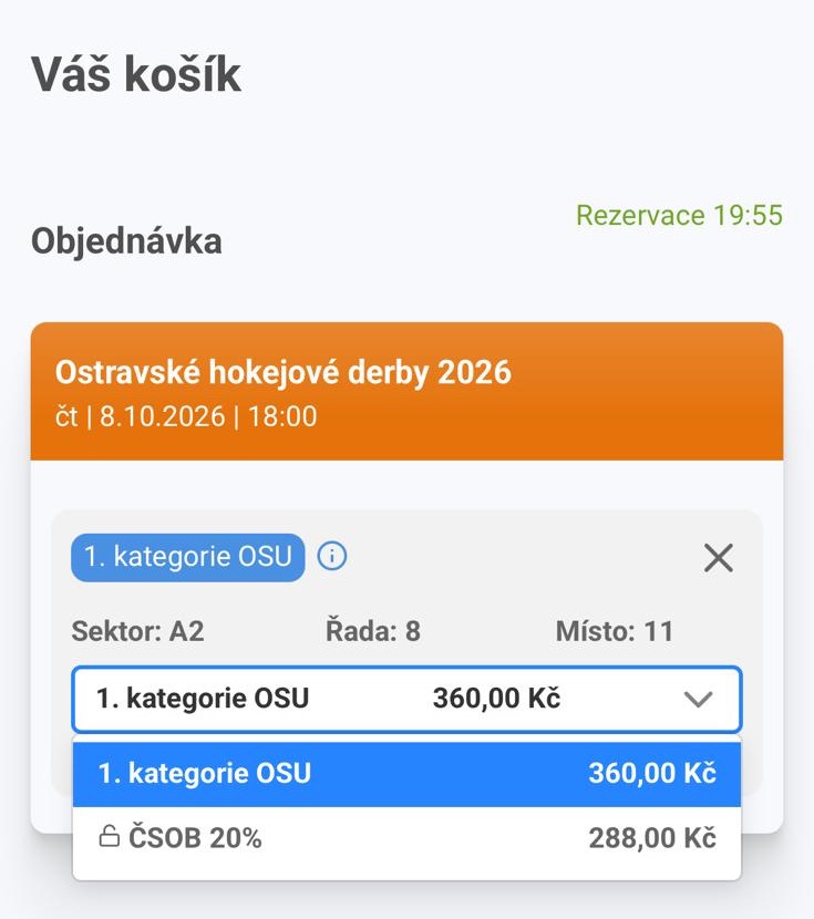 Košík s vybranou slevou ČSOB 20 % na Ostravské derby
